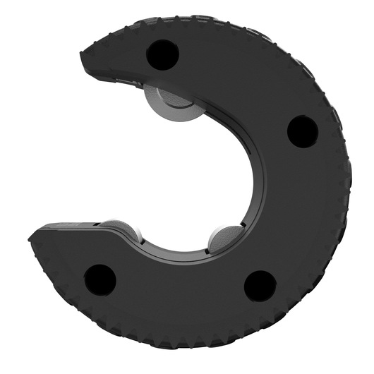 Close-up image of a DEWALT replacement press ring, model DWACPR10. The ring is black, crescent-shaped, with three visible round metal rollers inside and textured edges.