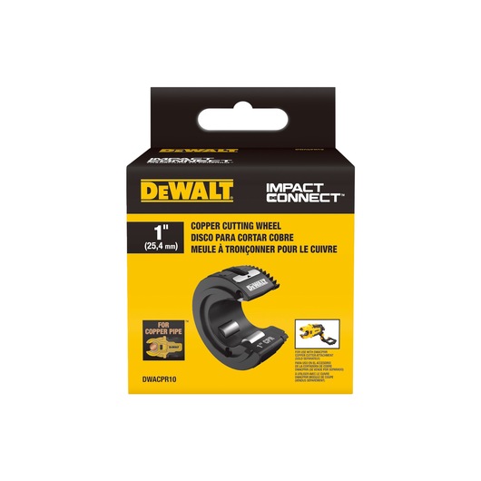 A box of DEWALT Impact Connect copper cutting wheel, model DWACPR10, for cutting 1 inch (25.4 mm) copper pipe. The packaging is black and yellow, showing an image of the cutting wheel and some details about the product.