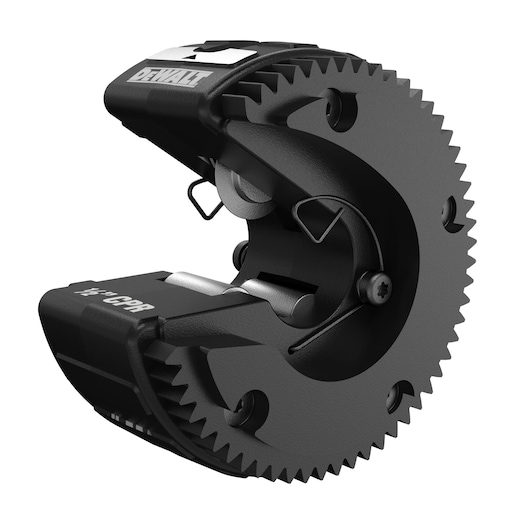 A close-up view of a DEWALT pipe cutting tool, featuring a circular metal component with gear-like teeth and movable parts for cutting pipes.