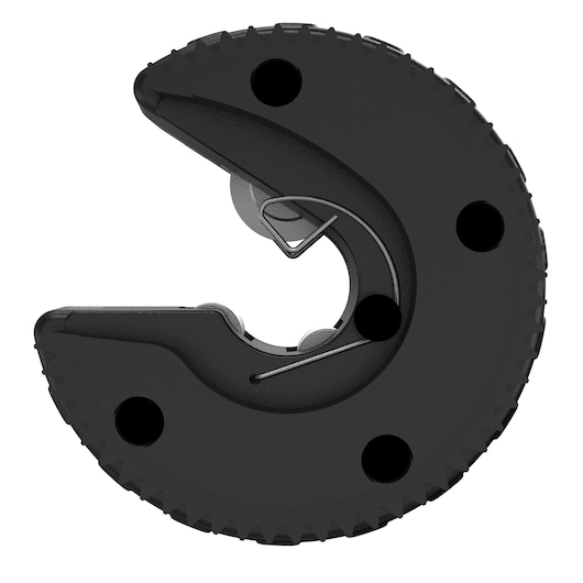 Close-up view of a DEWALT pipe cutting wheel replacement blade. The device is circular with a serrated edge and a central opening, designed for precise cutting of pipes.