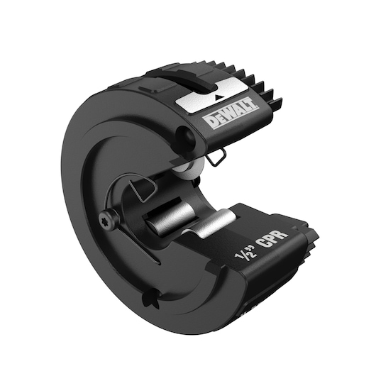 A black DEWALT branded pipe cutter tool, marked with '1/2" CPR', designed for cutting pipes, shown in a close-up view.
