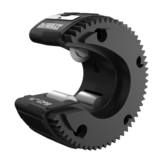 DEWALT 3/4 inch pipe cutter with a black, circular, toothed design and internal cutting blades, model DWACPR34.