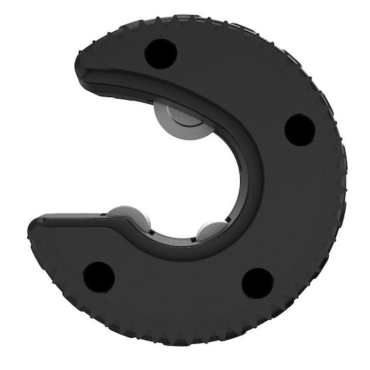 A close-up image of a black DEWALT pipe cutting replacement blade, showing its circular shape, opening, and metal cutting wheels.
