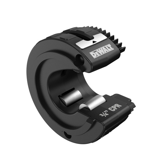 A black DEWALT pipe cutter tool, labeled '3/4 CPR', designed for cutting pipes. The tool features a circular design with a metallic cutting blade inside.