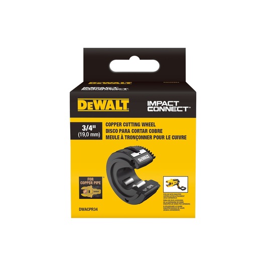 DEWALT Impact Connect 3/4 inch (19 mm) copper cutting wheel box. The packaging is yellow and black, showing an image of the cutting wheel and DEWALT branding. The product is designed for cutting copper pipes.