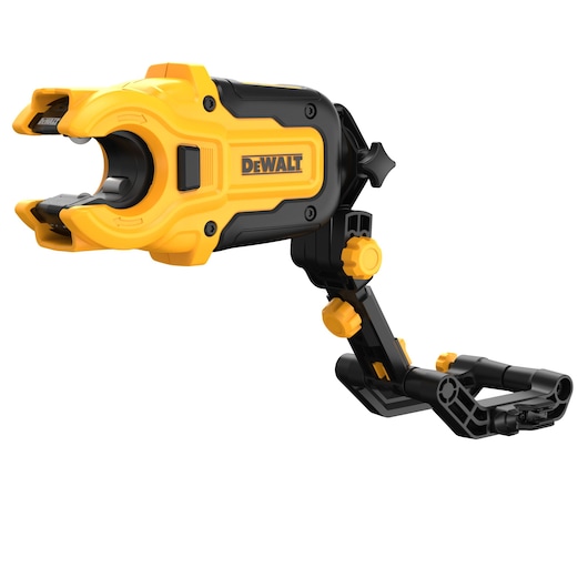 A close-up image of a DEWALT branded camera mount adapter. The device is yellow and black, features adjustable knobs and clamps, and is designed to securely attach cameras or accessories.