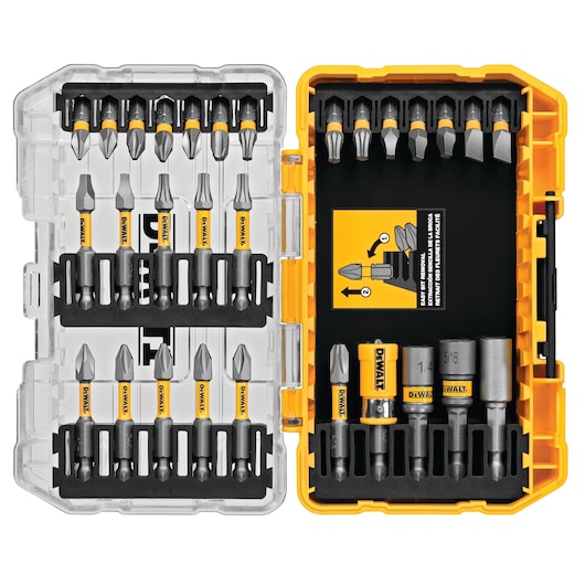 A DEWALT branded yellow and clear plastic case containing a set of assorted screwdriver bits and sockets. The bits are organized in rows inside the case, which is open to show the contents. The sockets and bits are labeled and securely placed in the foam holder.