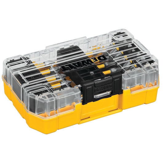 A DEWALT branded yellow and black plastic organizer case with a clear lid and secure latch.