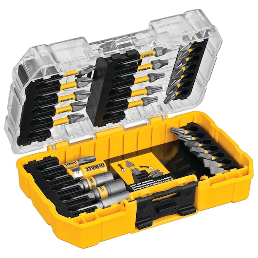 A yellow and transparent plastic case containing a DEWALT branded set of assorted screwdriver bits and socket adapters, neatly organized in slots. The case is open, displaying the contents clearly.