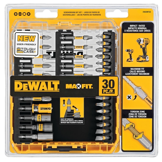 DEWALT MAX FIT 30-piece screwdriver bit set in a clear and yellow plastic case. The set includes various types and sizes of bits arranged neatly, with DEWALT branding and product information highlighted. Packaging shows details such as impact rating, maximum fit, torsion zone, and easy bit removal instructions.