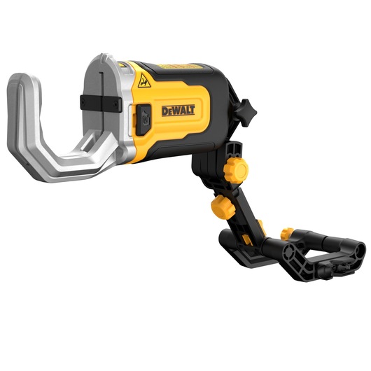 A DEWALT branded tool with a yellow and black body, featuring a large metal clamp or hook at the front and an adjustable arm with several yellow knobs, designed for industrial or construction applications, displayed on a white background.