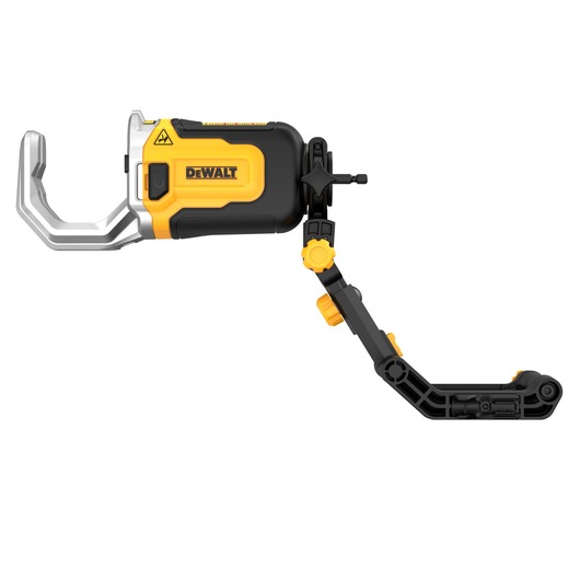 The image shows a DEWALT branded photography accessory featuring an adjustable black and yellow arm and a metallic clamp, designed for mounting cameras or equipment.