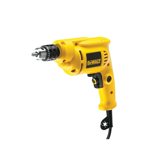 A yellow corded electric drill with a black and silver chuck, featuring the DEWALT logo on its side.
