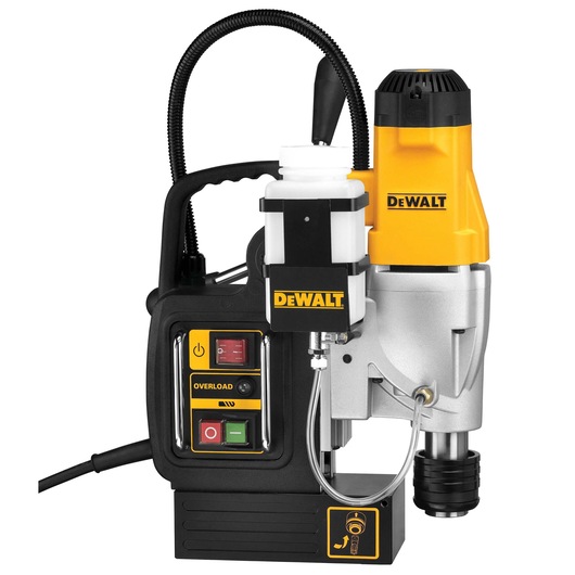 Close-up image of a DEWALT DWE1622K magnetic drill press with a yellow and black body, control panel featuring power and overload buttons, attached coolant bottle, and sturdy metal base.