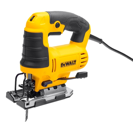 A DEWALT DWE300 corded jigsaw with a yellow and black design, showing the handle, blade, and power cable against a white background.