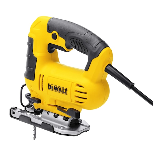 A DEWALT electric jigsaw with a yellow and black design, featuring a corded handle and a visible saw blade.