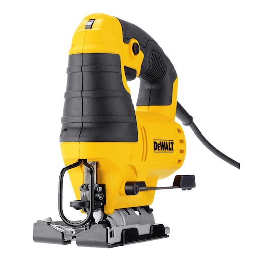 A yellow and black corded electric jigsaw with a DEWALT logo, designed for cutting wood and other materials, featuring an ergonomic handle and base plate.