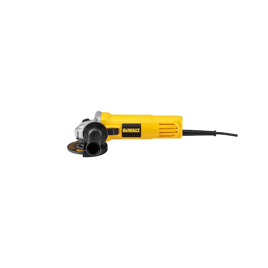 A yellow and black DEWALT angle grinder with a side handle and power cord, shown against a white background.