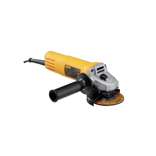 A yellow and black DEWALT angle grinder with a side handle and cutting disc, shown on a white background.