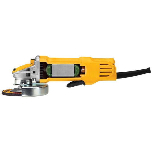A yellow DEWALT angle grinder, model DWE4120, shown in profile with a section cut away to reveal internal components. The grinder has a visible motor and wiring, and is equipped with a grinding disc.