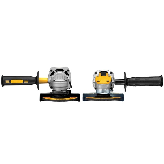 Front view of two DEWALT DWE4120 angle grinders with black and yellow handles, positioned side by side against a white background.
