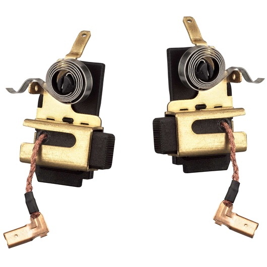 A pair of DEWALT power tool replacement carbon motor brushes with metal springs and wire terminal connectors, shown on a white background.