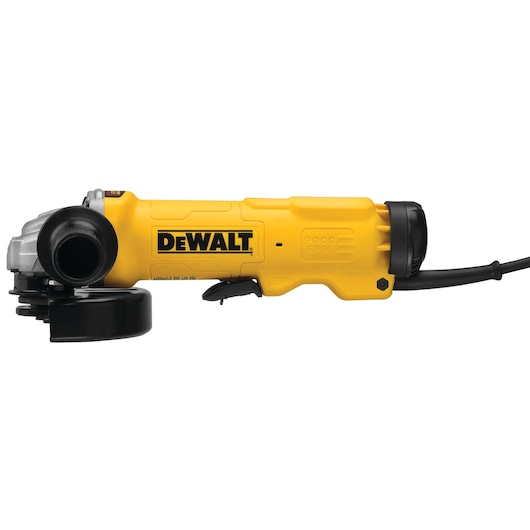 A yellow DEWALT angle grinder with a side handle, power cord, and protective guard on the disc, shown against a white background.