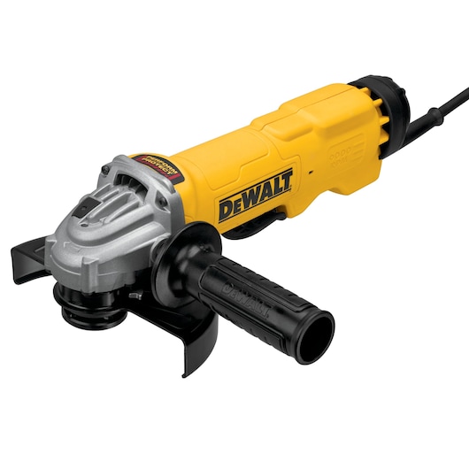 A yellow and black DEWALT angle grinder with a side handle, shown against a white background.