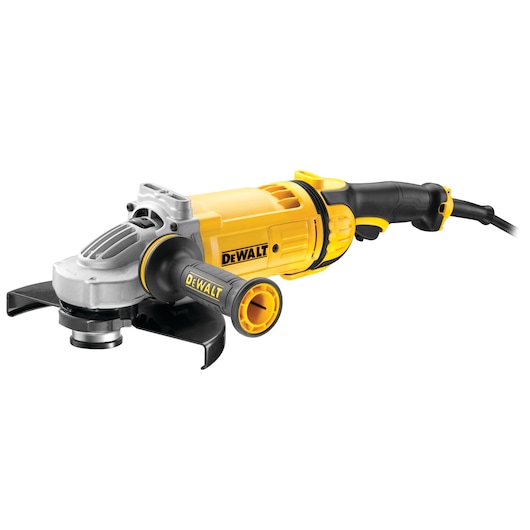 A DEWALT branded yellow and black angle grinder tool with a side handle and protective guard.