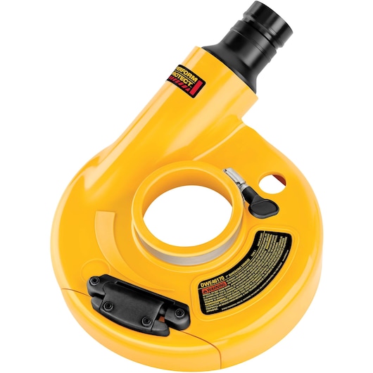 DEWALT DWE46170 yellow dust shroud for grinding tools, featuring a circular design with a black nozzle for vacuum attachment and labeled warnings.