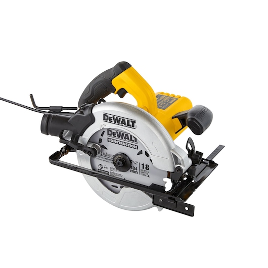 A DEWALT DWE5615 electric circular saw with a yellow and black handle, a silver blade guard, and visible circular blade. The saw is designed for construction and woodworking tasks.