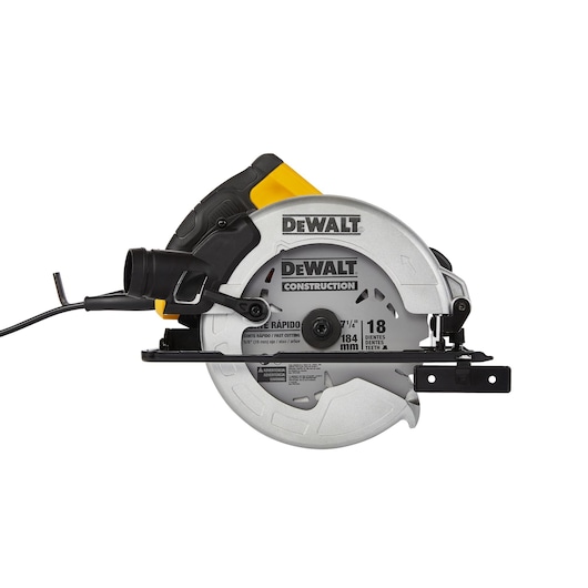 A DEWALT branded circular saw with a silver and black blade guard, yellow and black handle, and power cord.