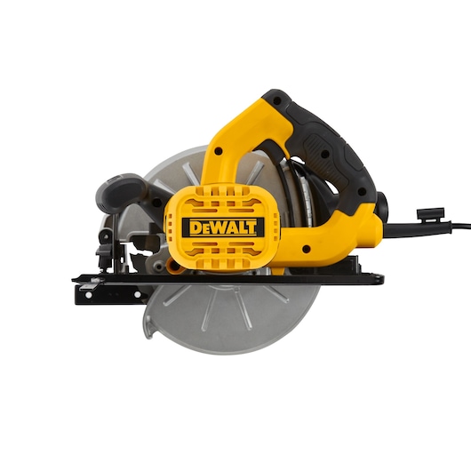 A DEWALT DWE5615 circular saw with a yellow and black handle, silver blade, and power cord, shown against a white background.