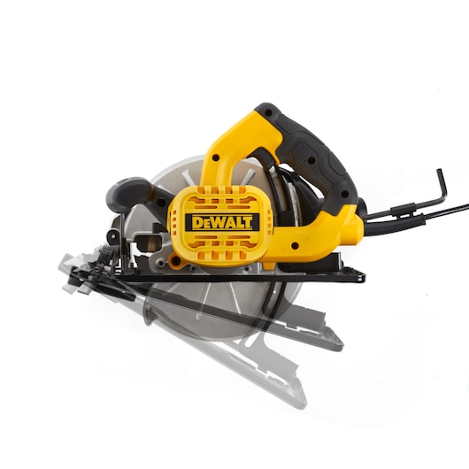 A DEWALT branded yellow and black circular saw is shown on a white background. The image demonstrates the adjustable movement of the base plate for angled cuts.