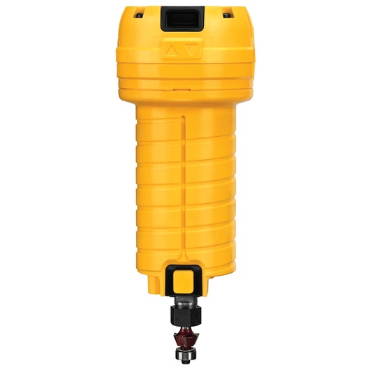 A yellow DEWALT compact router tool, shown upright with a visible bit at the bottom, designed for woodworking and fine carpentry tasks.