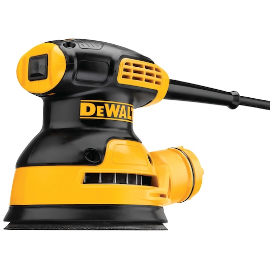 A DEWALT DWE6421 electric sander with a yellow and black design, featuring a round sanding pad and a power cord attached.