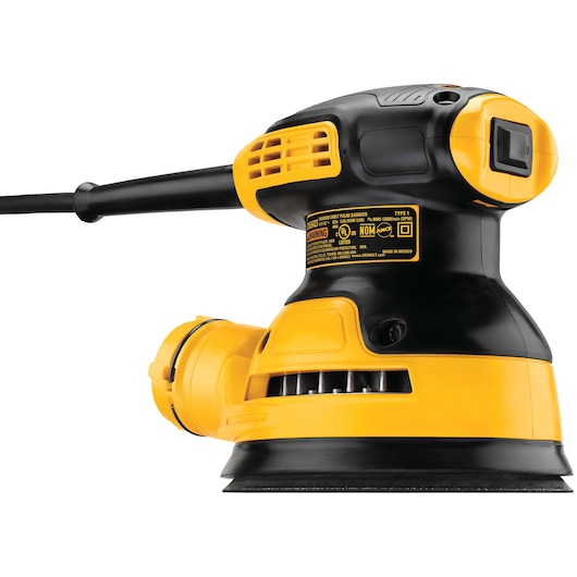 A DEWALT electric palm sander, model DWE6421, shown in yellow and black colors, designed for woodworking and surface finishing tasks. The tool features a power cord and ergonomic handle.