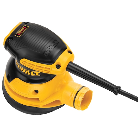 A DEWALT DWE6421 electric orbital sander, featuring a yellow and black body, shown in close-up with its power cord attached.