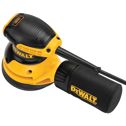 A DEWALT DWE6421 electric orbital sander with a dust collection bag, shown in yellow and black colors.