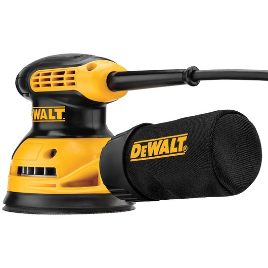A close-up image of a DEWALT DWE6421 yellow and black electric orbital sander with a dust bag attached, showing the power cord and DEWALT logo.