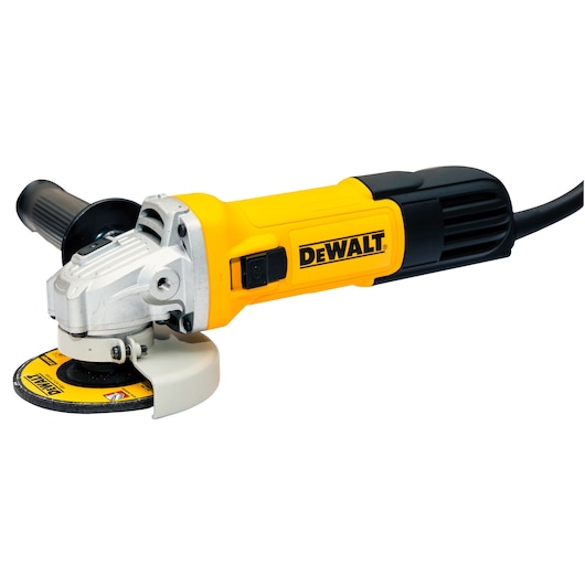 A yellow and black DEWALT electric angle grinder with a side handle and a cutting disc.