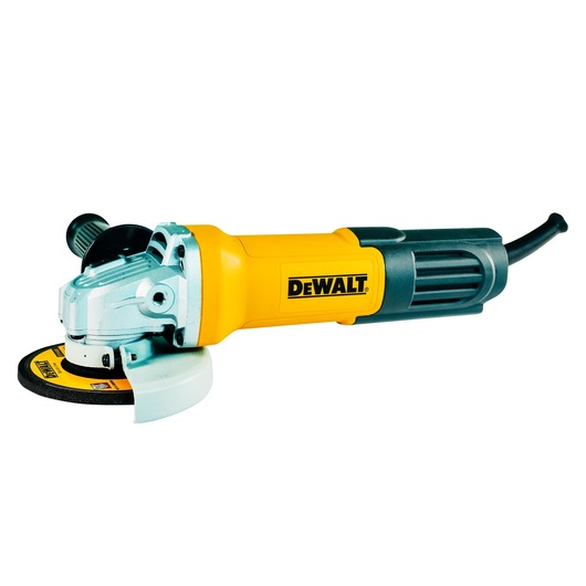 A DEWALT DWE750 yellow and black angle grinder with side handle and cord, shown against a white background.