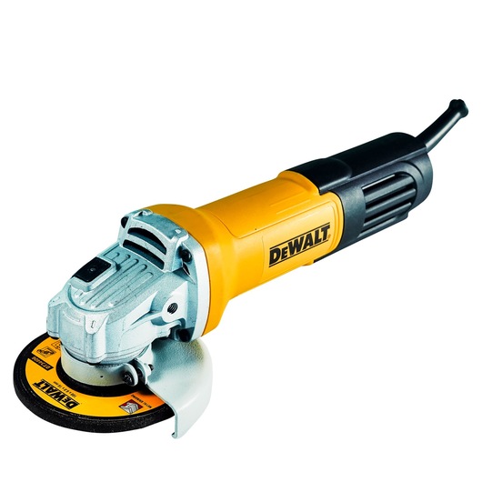 A yellow and black DEWALT angle grinder with a protective guard and a grinding disc, shown against a white background.