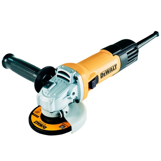 A DEWALT branded angle grinder with a yellow and black body, a side handle, and a circular grinding disc.