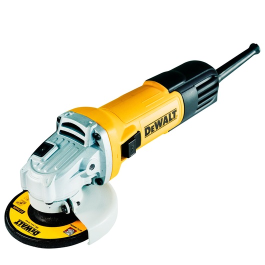 A yellow and black DEWALT electric angle grinder with a disc attachment, photographed on a white background.