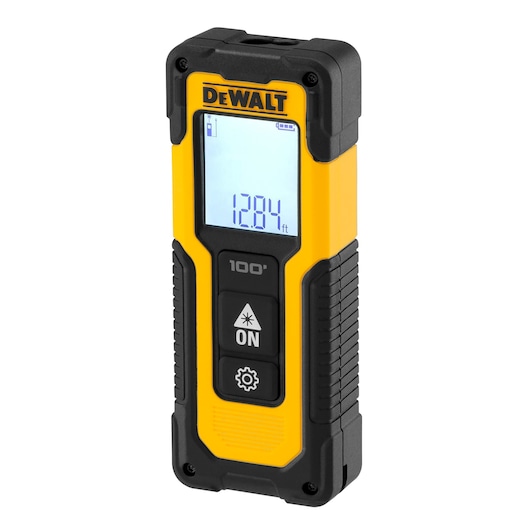 A yellow and black handheld digital laser distance measurer with a display screen showing a reading of 128.4 feet, branded DEWALT. It features several buttons for operation and has a rugged design.