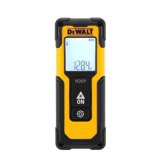 A DEWALT-branded yellow and black laser distance measurer with a digital display showing '128.4 ft', various buttons, and rugged casing.