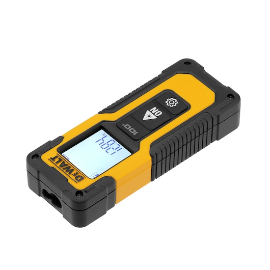 A DEWALT handheld laser distance measurer with a yellow and black casing, illuminated digital screen, and two control buttons.