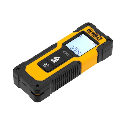A DEWALT branded yellow and black handheld electronic laser distance measurer with buttons and a digital display showing measurement values.