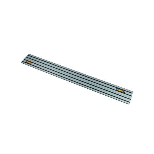 A DEWALT metal guide rail for track saws, shown horizontally against a white background. The rail is silver with black grooves and has DEWALT branding at both ends.